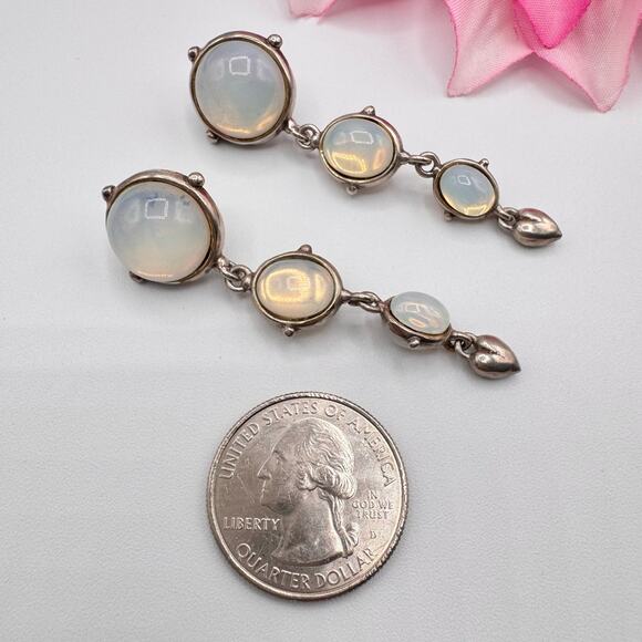 Vintage “STER” Sterling Silver Opalite Glass Cabochon Earrings Signed Tested - Picture 7 of 11